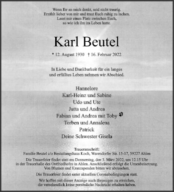 Traueranzeige von Karl Beutel von Die Glocke