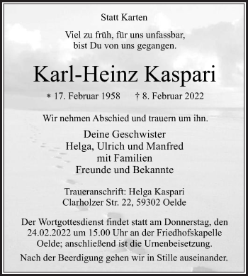 Traueranzeige von Karl-Heinz Kaspari von Die Glocke