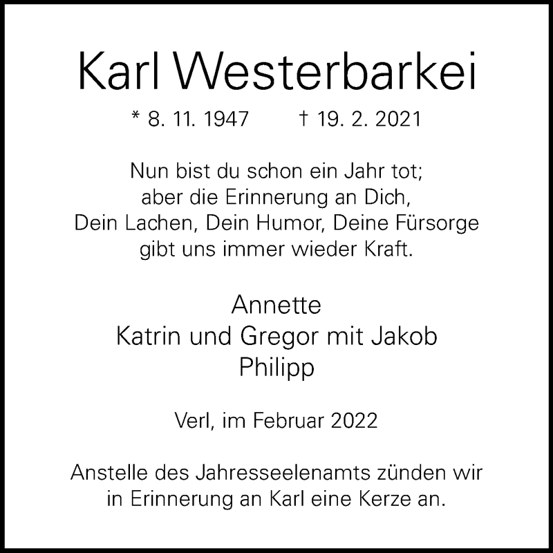  Traueranzeige für Karl Westerbarkei vom 19.02.2022 aus Die Glocke