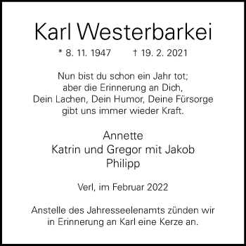 Traueranzeige von Karl Westerbarkei von Die Glocke