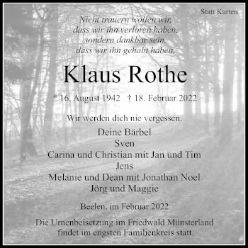 Traueranzeige von Klaus Rothe von Die Glocke