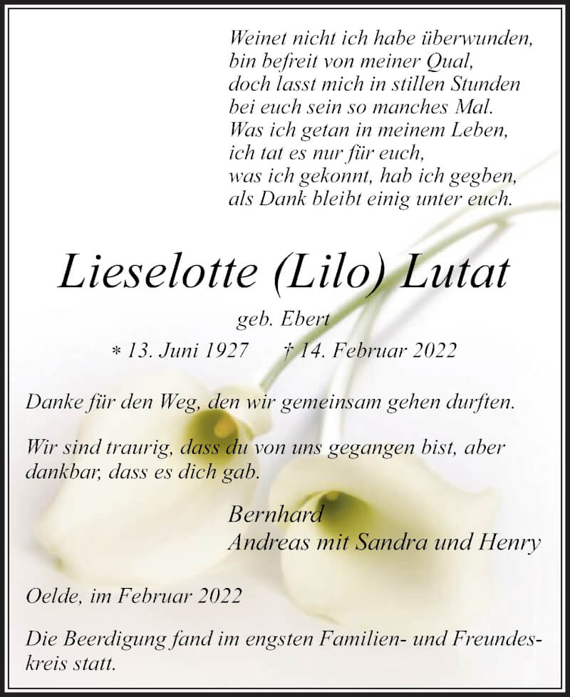  Traueranzeige für Lieselotte Lutat vom 26.02.2022 aus Die Glocke