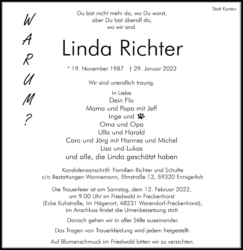  Traueranzeige für Linda Richter vom 05.02.2022 aus Die Glocke