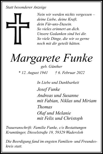 Traueranzeige von Margarete Funke von Die Glocke