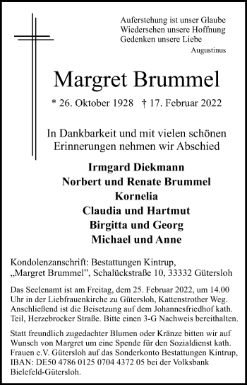 Traueranzeige von Margret Brummel von Die Glocke