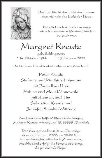 Traueranzeige von Margret Kreutz von Die Glocke