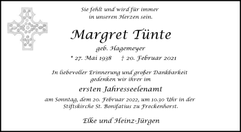 Traueranzeige von Margret Tünte von Die Glocke