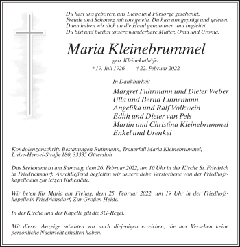 Traueranzeige von Maria Kleinebrummel von Die Glocke