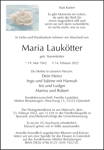 Traueranzeige von Maria Laukötter von Die Glocke