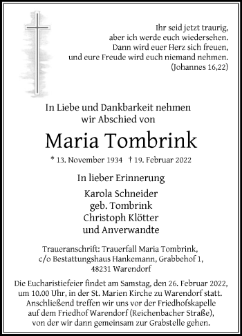 Traueranzeige von Maria Tombrink von Die Glocke