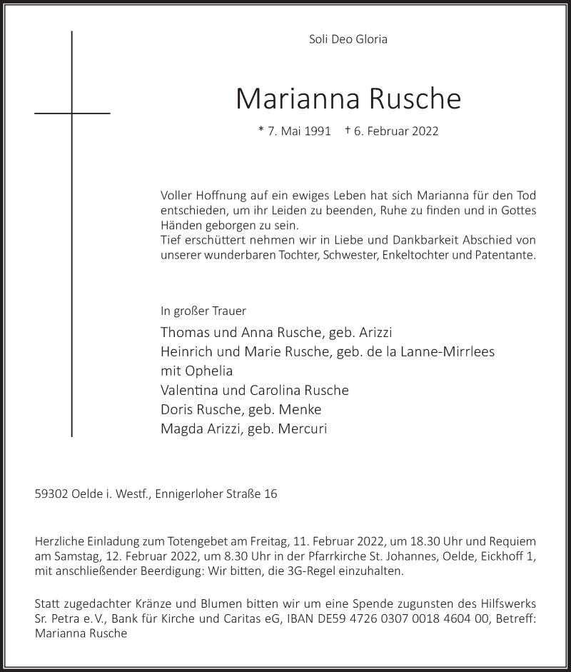  Traueranzeige für Marianna Rusche vom 09.02.2022 aus Die Glocke