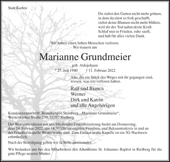 Traueranzeige von Marianne Grundmeier von Die Glocke