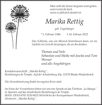 Traueranzeige von Marika Rettig von Die Glocke