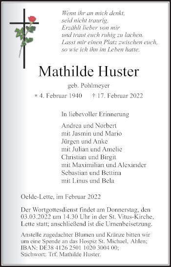 Traueranzeige von Mathilde Huster von Die Glocke