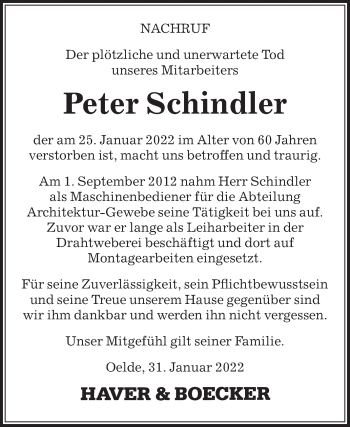 Traueranzeige von Peter Schindler von Die Glocke