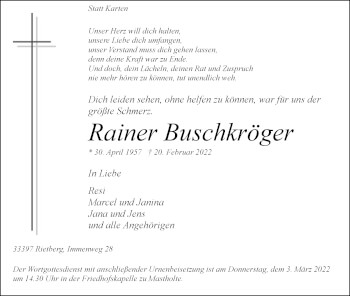 Traueranzeige von Rainer Buschkröger von Die Glocke