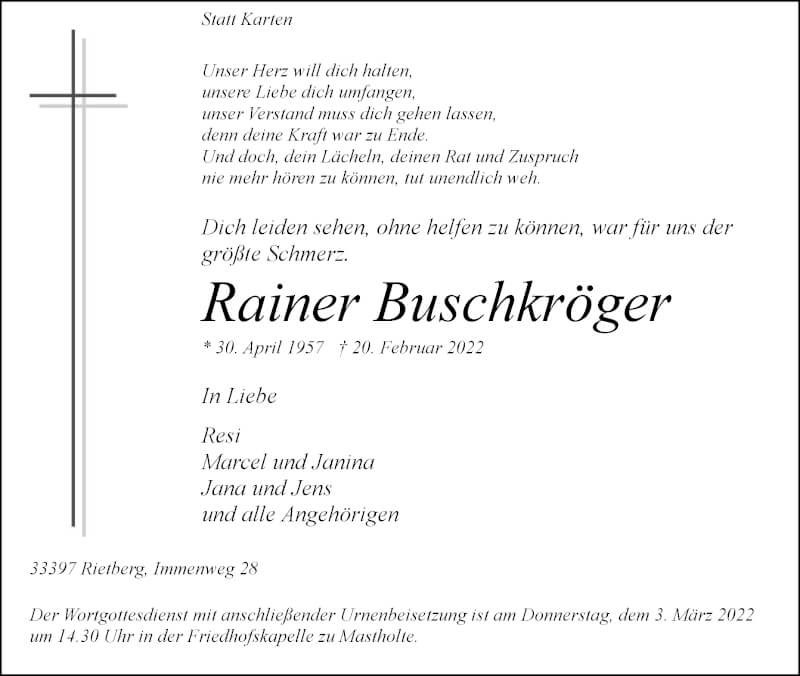 Traueranzeige für Rainer Buschkröger vom 26.02.2022 aus Die Glocke
