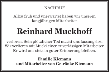 Traueranzeige von Reinhard Muckhoff von Die Glocke