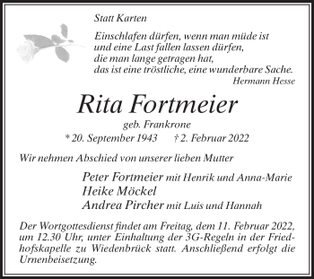 Traueranzeige von Rita Fortmeier von Die Glocke