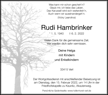 Traueranzeige von Rudi Hambrinker von Die Glocke