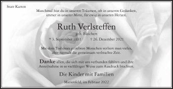 Traueranzeige von Ruth Verlsteffen von Die Glocke