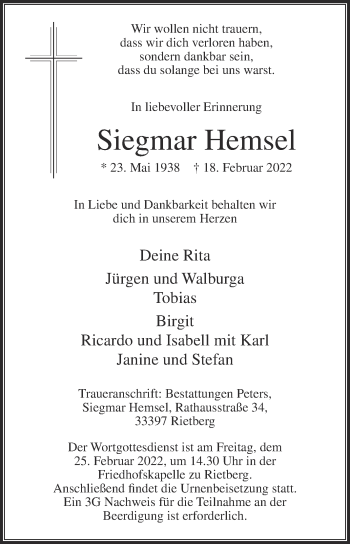 Traueranzeige von Siegmar Hemsel von Die Glocke