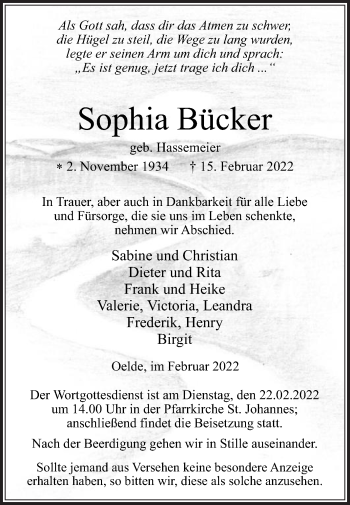 Traueranzeige von Sophia Bücker von Die Glocke