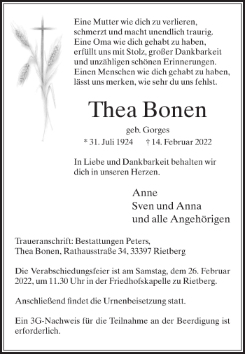 Traueranzeige von Thea Bonen von Die Glocke