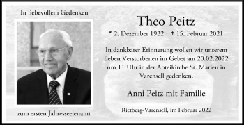 Traueranzeige von Theo Peitz von Die Glocke