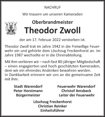 Traueranzeige von Theodor Zwoll von Die Glocke