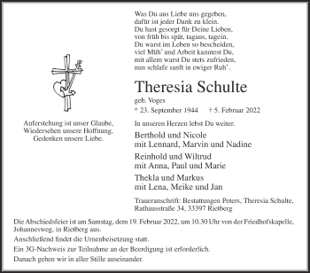 Traueranzeige von Theresia Schulte von Die Glocke