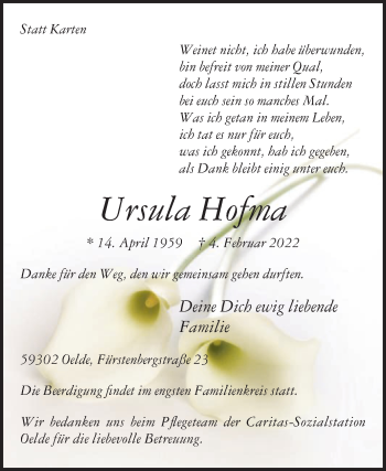 Traueranzeige von Ursula Hofma von Die Glocke