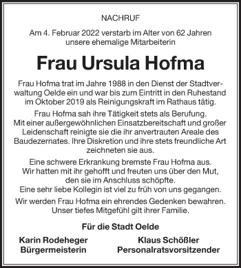 Traueranzeige von Ursula Hofma von Die Glocke