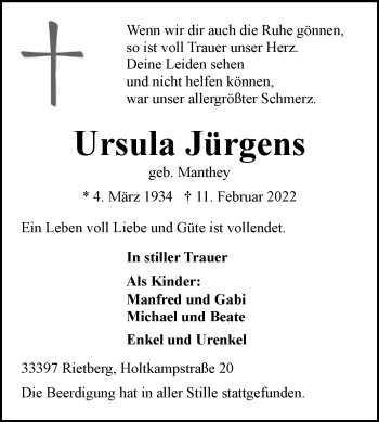 Traueranzeige von Ursula Jürgens von Die Glocke
