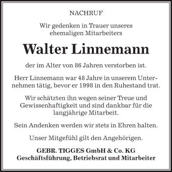 Traueranzeige von Walter Linnemann von Die Glocke
