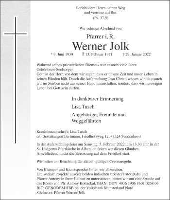 Traueranzeige von Werner Jolk von Die Glocke