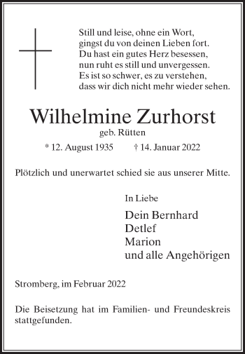 Traueranzeige von Wilhelmine Zurhorst von Die Glocke