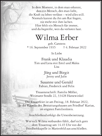 Traueranzeige von Wilma Erber von Die Glocke