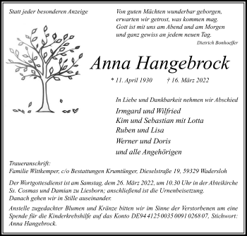 Traueranzeige von Anna Hangebrock von Die Glocke