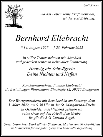 Traueranzeige von Bernhard Ellebracht von Die Glocke