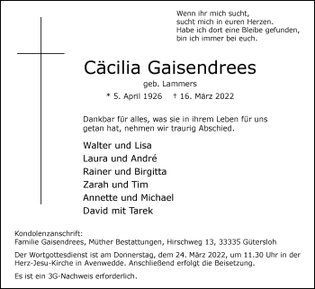 Traueranzeige von Cäcilia Gaisendrees von Die Glocke