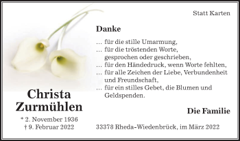 Traueranzeige von Christa Zurmühlen von Die Glocke