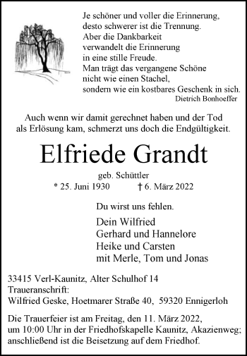 Traueranzeige von Elfriede Grandt von Die Glocke