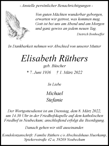 Traueranzeige von Elisabeth Rüthers von Die Glocke