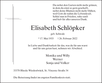 Traueranzeige von Elisabeth Schlöpker von Die Glocke
