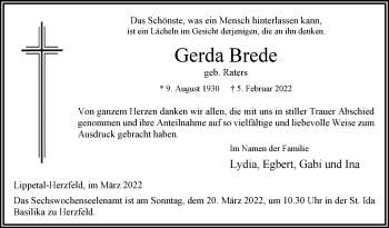 Traueranzeige von Gerda Brede von Die Glocke