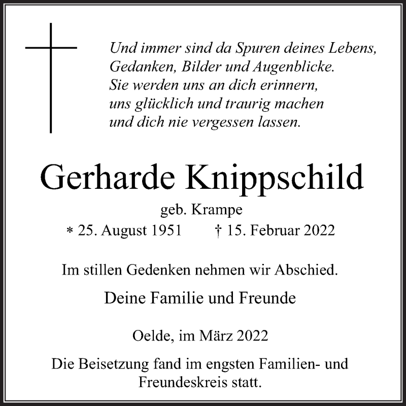  Traueranzeige für Gerharde Knippschild vom 05.03.2022 aus Die Glocke
