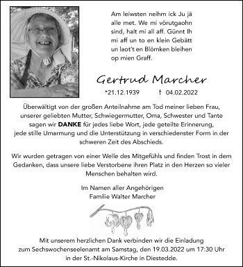 Traueranzeige von Gertrud Marcher von Die Glocke