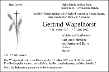 Traueranzeige von Gertrud Wapelhorst von Die Glocke