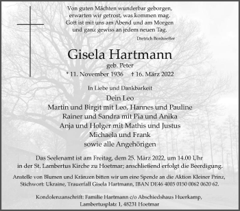 Traueranzeige von Gisela Hartmann von Die Glocke